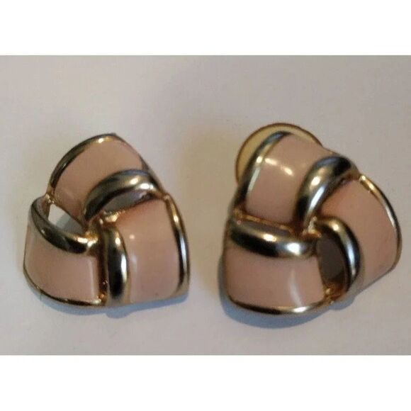 Vintage Peach Enamel Earrings Triangle Shaped Peach and Gold - Picture 1 of 2